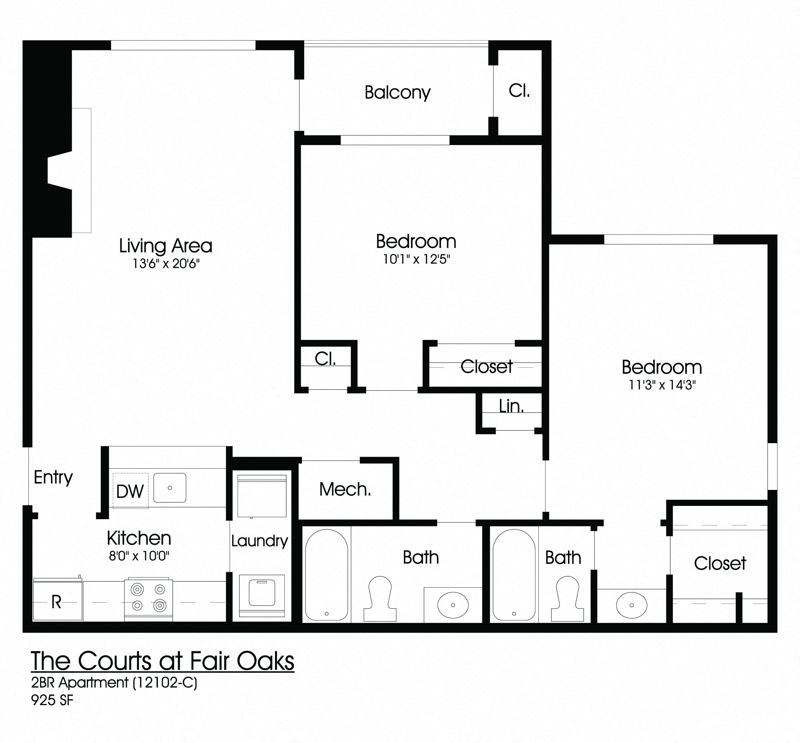 Floor plan for 2 beds, 2 baths, 950 sqft